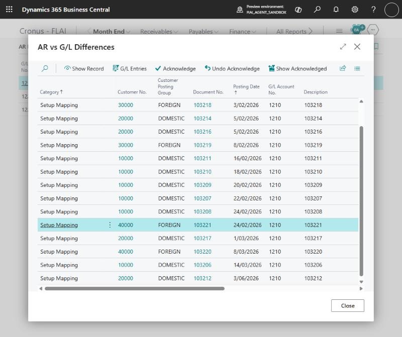 Month-End Detail: the transactions behind a difference, with Show Record, G/L Entries and Acknowledge